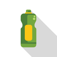 Green plastic bottle with yellow label for detergent or cleaning product is standing on white background