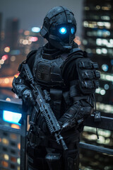 Fototapeta premium A man warrior in a black suit with a blue helmet and a gun