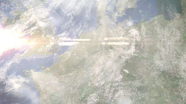 Earth zoom in from space and focus on Iserlohn, Germany. Background for travel intro or blog. Satellite view. 3D style Animation. Images from NASA.