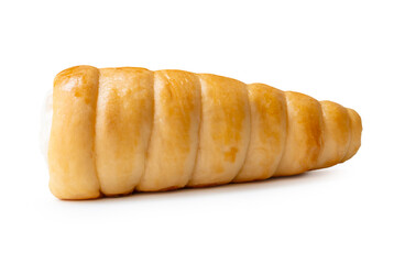Side view of puff pastry cream horn isolated on white background with clipping path