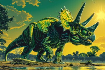 A Triceratops Dinosaur Standing in a Landscape with a Bright Sun in the Sky