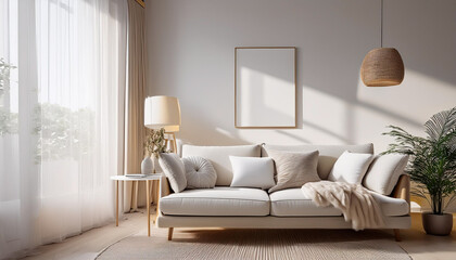 Fototapeta premium White wall living room have sofa and decoration with pillows, lamp on table beside window; home interior concept