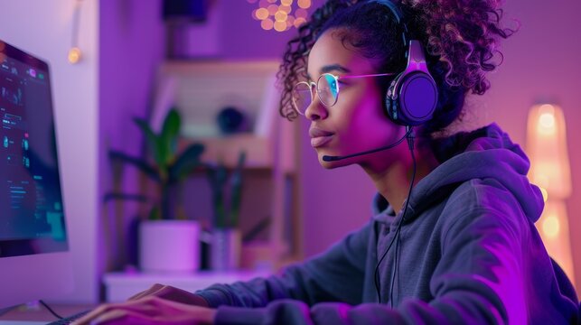 Esports, online RPG, and virtual competition at home with youth and headset. Female gamer, computer streamer, neon-lit gaming with headphones, live streaming tech: Gen Z