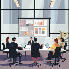 Business Workshop Concept. Vector cartoon illustration of a close-up group of diverse people standing near a board with sticky notes and discussing an idea. 