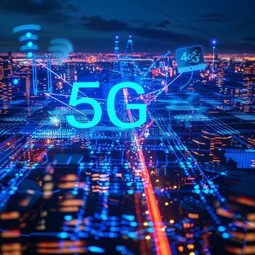 lights of the city , networking of data , 5 G , and some connection of tower .