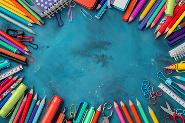 Photo of various school supplies arranged along the border with an empty center left for text. Items include books, pencils, rulers, and notebooks, creating an educational and vibrant theme. 