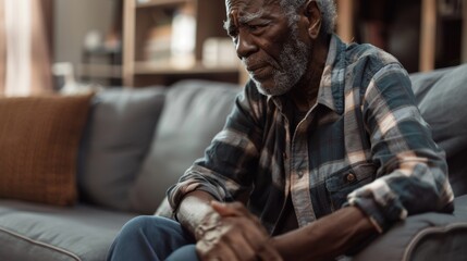 Mature man touches wedding ring on sofa in home or marriage counseling after divorce, breakup, or loss. For widower or middle-aged band member with depression, anxiety, or mental health