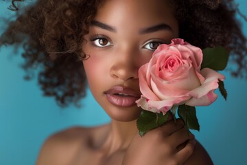 Female face portrait and skincare in studio for eco cosmetics, natural wellness, or blue background. Vegan beauty, Indian model, sustainable dermatology, or floral aesthetic