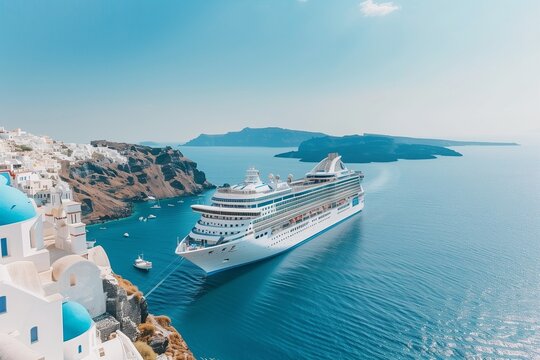 A luxury cruise ship sails past a European city surrounded by cliffs and mountains