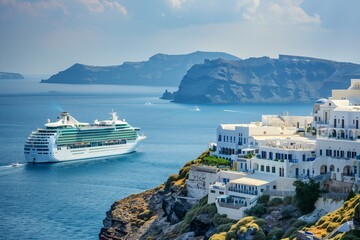 A luxury cruise ship sails past a European city surrounded by cliffs and mountains