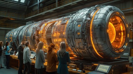 Engineers Examining Large Aerospace Engine Prototype. Group of engineers closely examining a large aerospace engine prototype with illuminated components in an industrial setting.