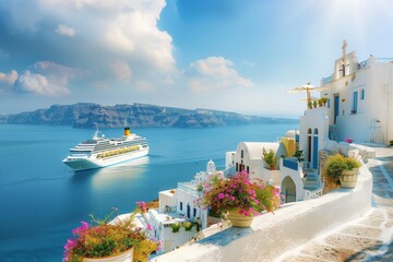 A luxury cruise ship sails past a European city surrounded by cliffs and mountains
