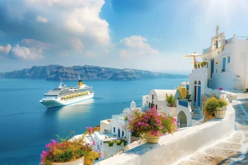 Poster A luxury cruise ship sails past a European city surrounded by cliffs and mountains