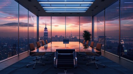 Fototapeta premium Boardroom with a glass wall revealing a stunning cityscape at dusk.