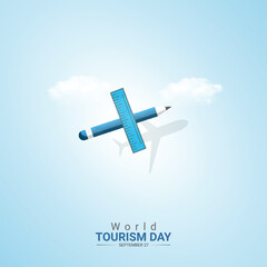 World Tourism Day creative ads design. plane and place vector isolated on Poster for background. Tourism Poster, vector, 3d, illustration, Sep 27. Important day, Holiday concept.