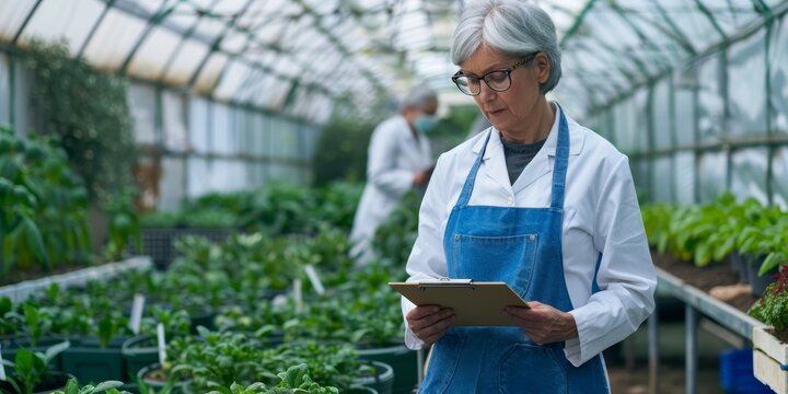 Female scientist, greenhouse plant checklist, farming inspection, quality assurance, and growth. A senior farmer or scientist checks vegetables and clipboard for food safety. - Powered by Adobe
