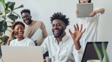 Happy businesspeople waving and smiling in an office online meeting. Corporate employee eager for online training or mentoring, greeting virtual coach or mentor.