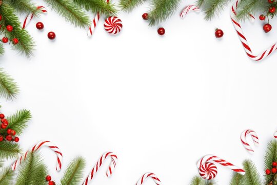 Festive Christmas Frame With Candy Canes And Fir Branches