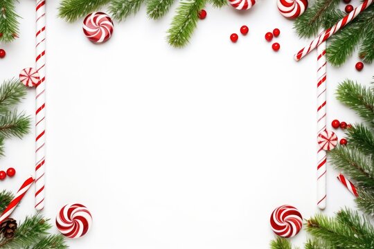 Festive Christmas Frame With Candy Canes And Fir Branches