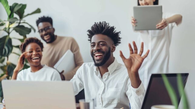 Happy businesspeople waving and smiling in an office online meeting. Corporate employee eager for online training or mentoring, greeting virtual coach or mentor.