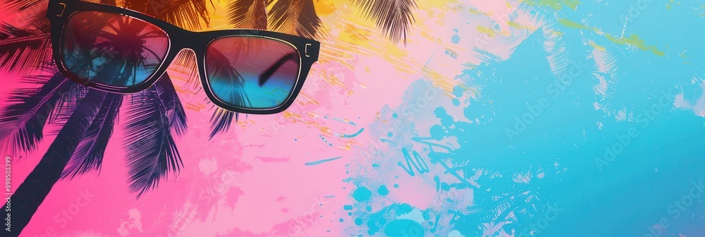 Aufkleber sunglasses lay on top of the silhouette of a palm tree against a painted backdrop of a sunset with b