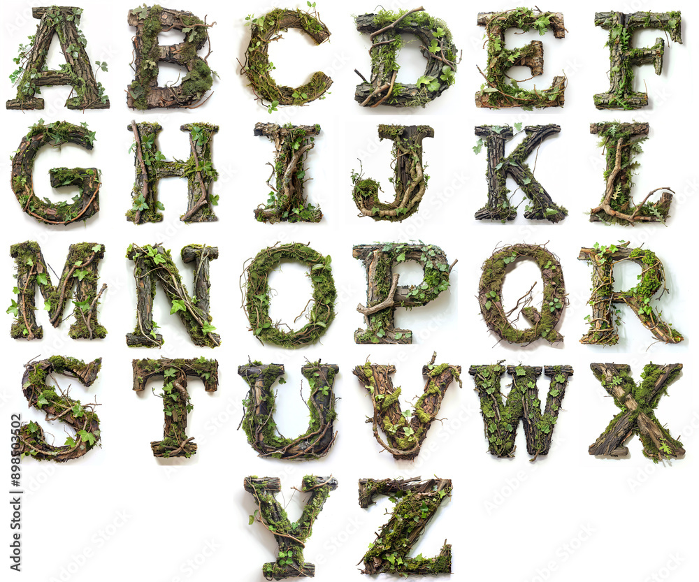 Wall mural moss, leaves and greenery on the tree alphabet letters