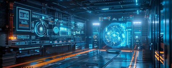 Fototapeta premium Futuristic AI lab with holographic interfaces, Advanced artificial intelligence development, innovation in tech