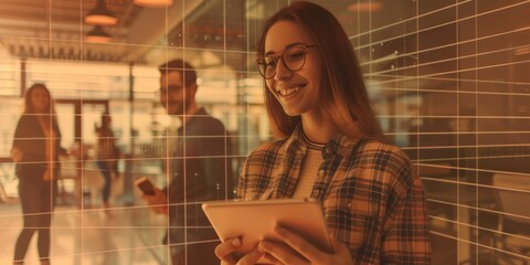 Business, overlay and woman with a tablet, thinking and connection with network, opportunity or email notification. Happy individual, banner, and employee with tech, decision, and website details