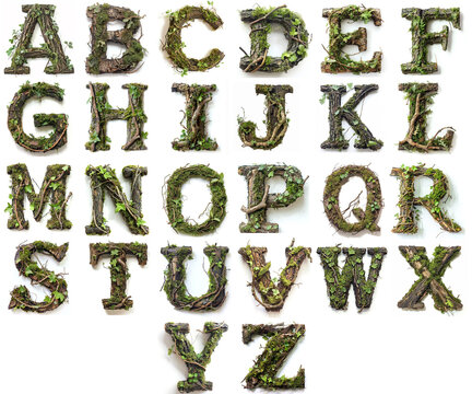 Moss, leaves and greenery on the tree alphabet letters