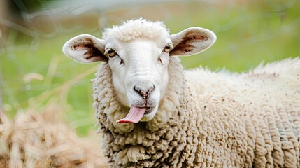 Obraz premium Close-up of a funny sheep sticking out its tongue in a meadow.