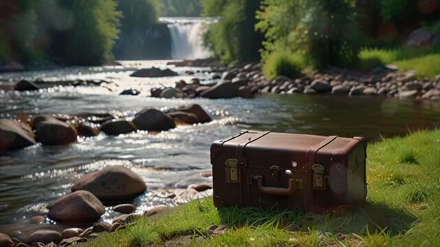 An old suitcase lying on the grass on the edge of a river full of rocks, a bokeh waterfall view is visible. Seamless 4K looping video animation generated AI