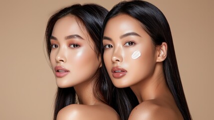 Fototapeta premium Diversity woman portrait in studio for dermatology, makeup, and cosmetics. Black and Asian people for radiance, spa facial, and healthy friends' skin for wellness