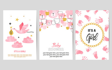 Baby shower girl cards set. Vector invitation birthday party card design
