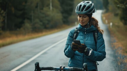 Women, cyclists, and outdoor enthusiasts use phones for social media, apps, and GPS directions. Female biker, bike, smartphone typing for network notification, sport or cycling