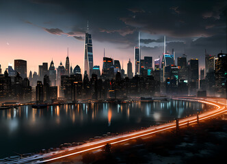 Obraz premium Night modern city. futuristic glowing neon. cyberpunk style. generative AI