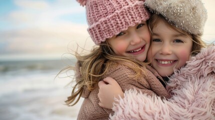 Kids hug and enjoy nature on vacation or summer break. Happy, loving, youngsters smiling, best friends, siblings, and fun adolescent friendships