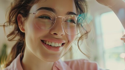 A joyful woman trying for glasses at an optometrist store. Smile, glasses, and a woman picking prescription lenses after an optical clinic checkup.