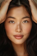 Fototapeta premium Asian woman with hand frame and skincare studio, healthy cosmetics glow and smile. Japanese beauty model for self-care, wellness, or joyful headshot