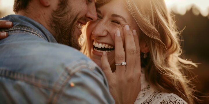 Happy couple, forehead contact, giggle, hilarious moment, or romance outdoors for date. Funny man, woman, love, care, or joyful in nature closeup with hand, face, and insane joke