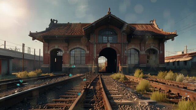 View from the front of a disused train station. Seamless 4K looping video animation generated AI
