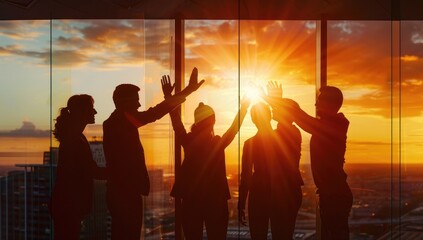 Business People Celebrate Success at Sunset in Modern Office