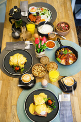 High angle view of brunch food on the table in a restaurant