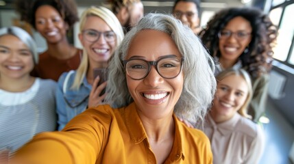 Fototapeta premium Funny and staff selfies, new project, deal, or advertising campaign celebration and delight. Portrait, happy, humorous, or goofy coworkers and high sales