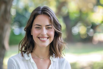 Obraz premium Traveling or free, a woman smiles and poses outdoors against a green background. One joyful, carefree young woman at a park for fresh air or fun.