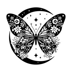 Bohemian Celestial butterfly tattoos, Silhouette Mystical occult symbols moth illustration.