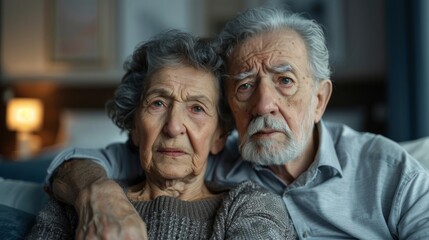 Elderly couple in serious mood on a couch, man on right in white shirt, woman on left in grey, looking worried at camera, with blinds and lamp in background, evoking a melancholic vibe.