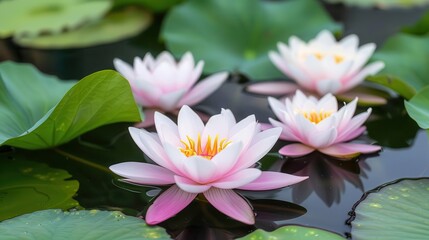 A close-up of four pink lotus flowers in a pond, relax and calming