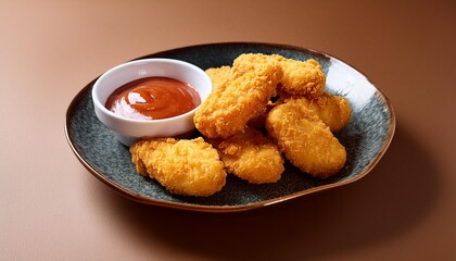 Spicy fried crispy chicken nuggets on brown background