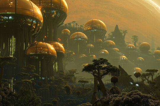 A photo of a colony on a habitable exoplanet, depicting a futuristic space settlement in a new civilization.
