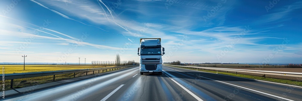 Aufkleber a white semi-truck drives on a paved highway with a wide open horizon and a clear blue sky. generati